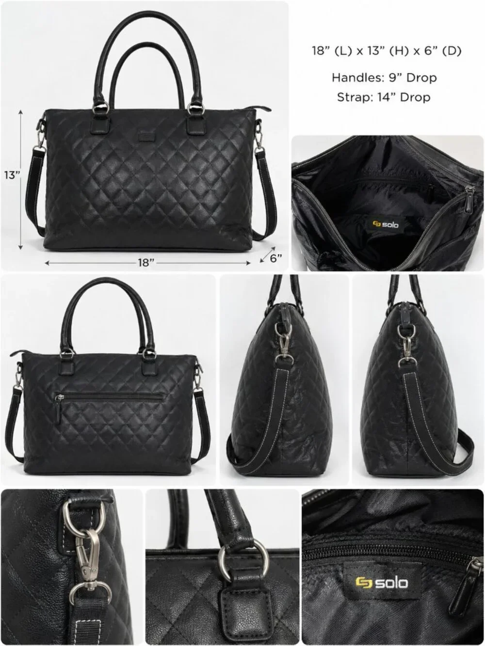 Solo Black Quilted Laptop Tote Shoulder Bag w/ Strap 18